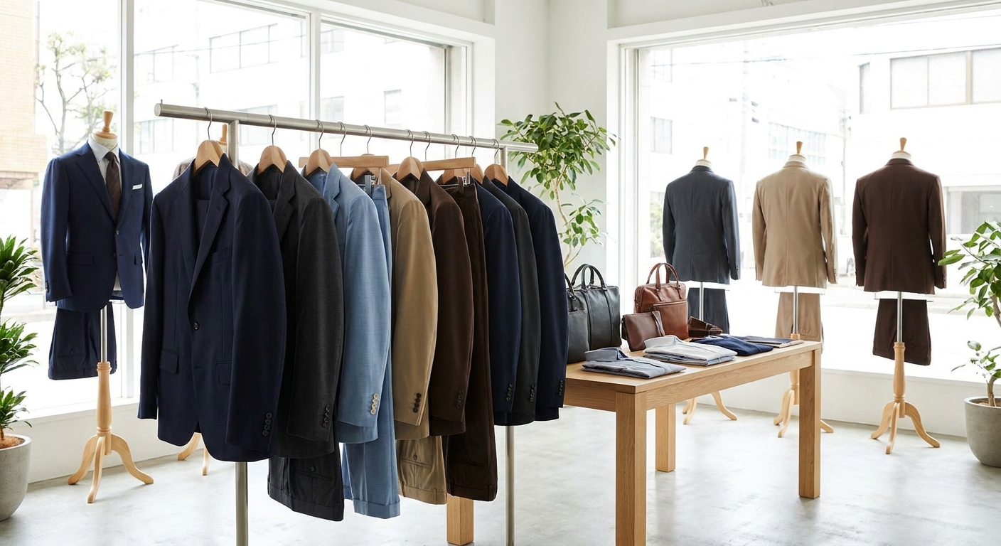 Auswahl an Konfektionsanzügen in Navy, Grau, Beige und Braun