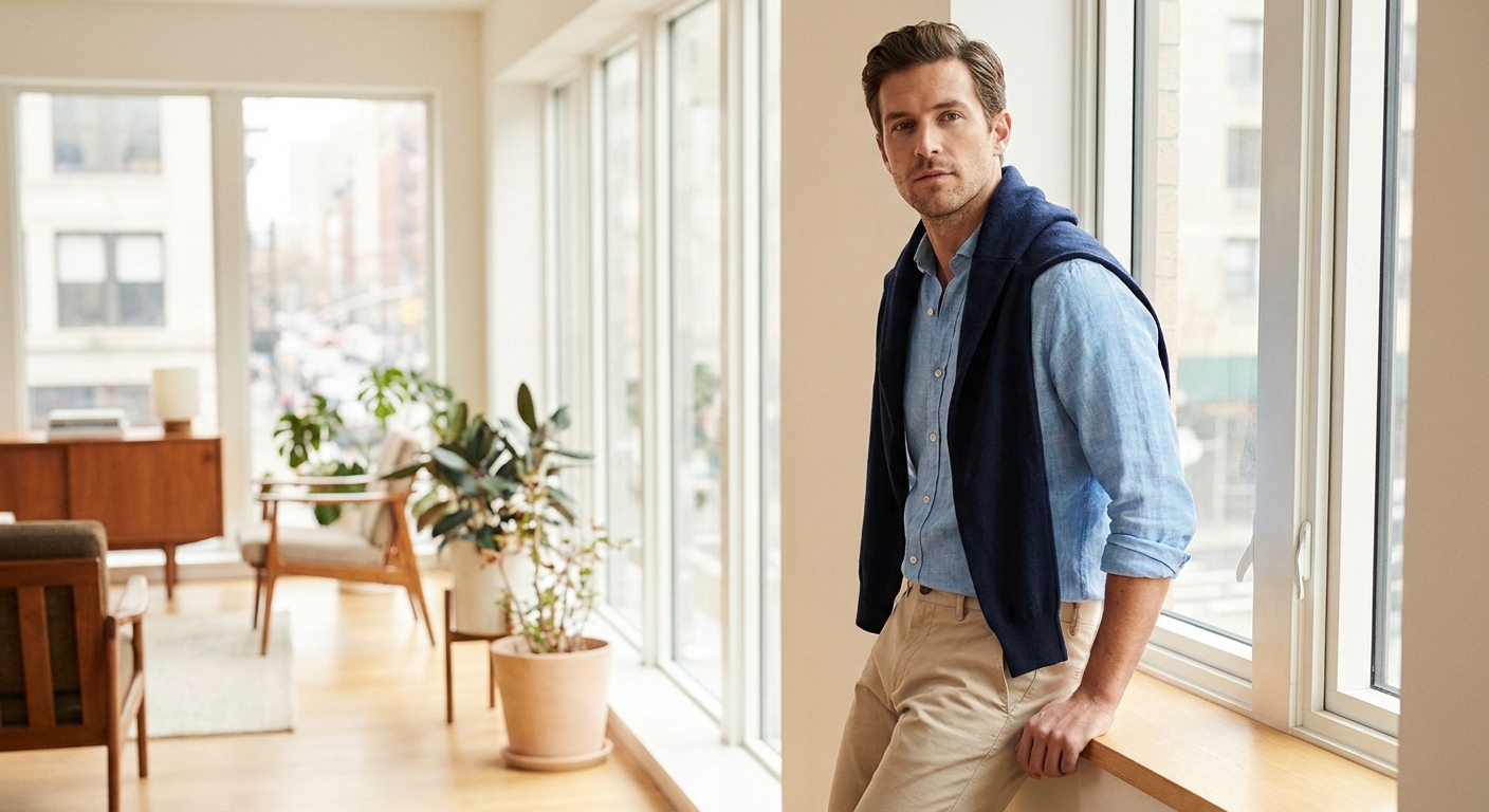 Moderner Smart-Casual-Look mit Hemd, Strick und Chino